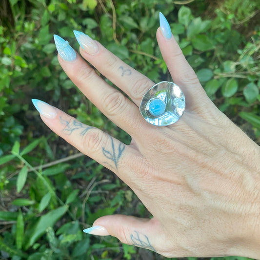 Large Sterling Silver Lily Pad Larimar Ring